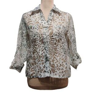 Ruby Rd S Womens White Blouse Neutral Vintage Sheer Button Front Animal Floral